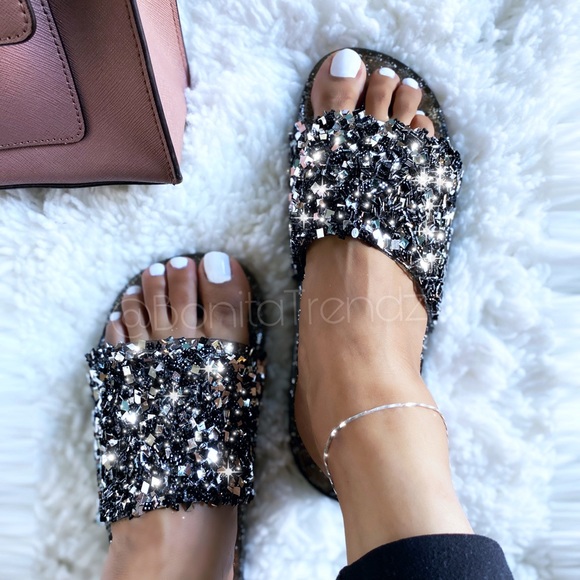 Back BEDAZZLED Jelly Glitter Embellished Slides - Picture 3 of 5